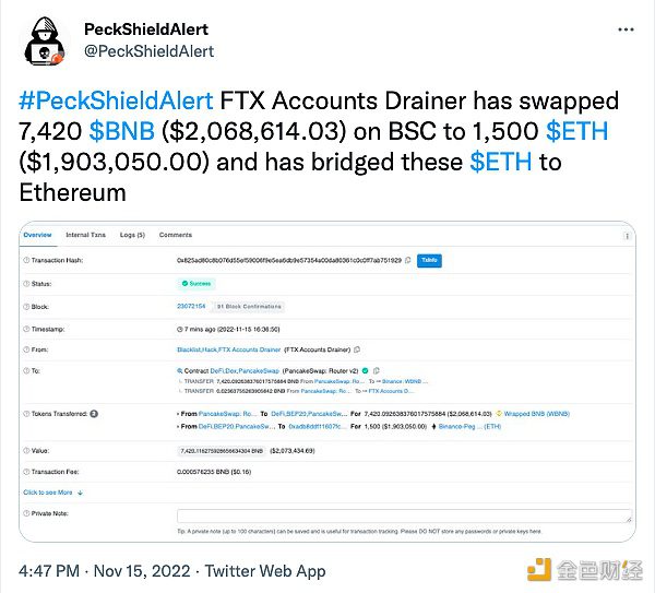 FTX攻击事件黑客将BSC上7420枚BNB兑换为1500枚ETH，并桥接至以太坊网络-第1张图片-巴山号